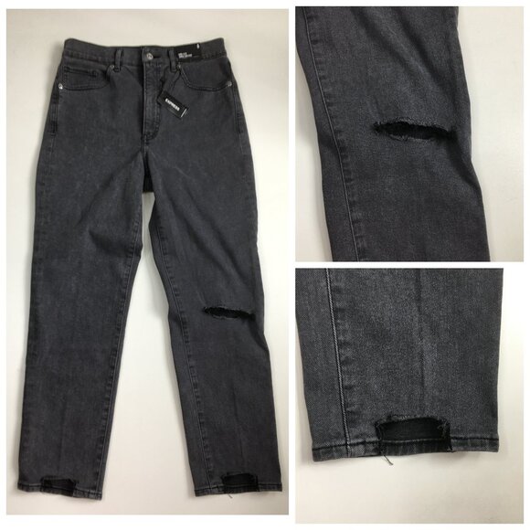 NWT EXPRESS Gray Mom Jean Super High Waist Step Fray Hem Distressed Jeans - Picture 1 of 12